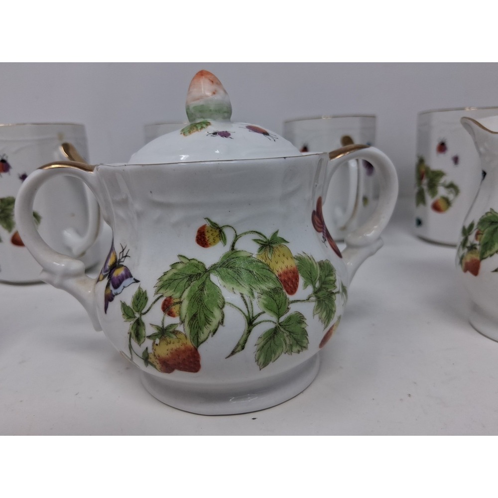Set Ardalt Japan Cream&Covered Sugar set with 7cups Buttcmerflies&Strawberries A - Picture 5 of 16